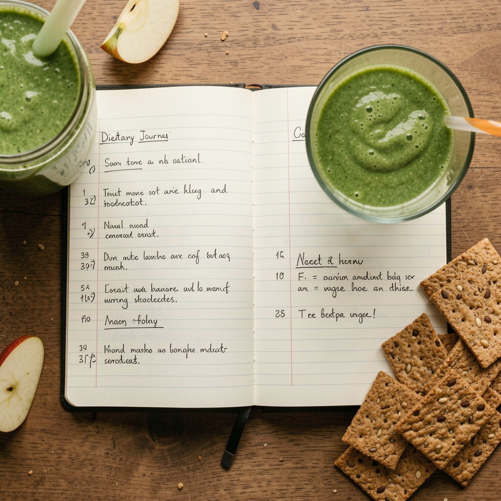 Top-down view of a handwritten dietary journal open on a table with a green smoothie, sliced apple and whole grain crackers arranged beside it, natural light