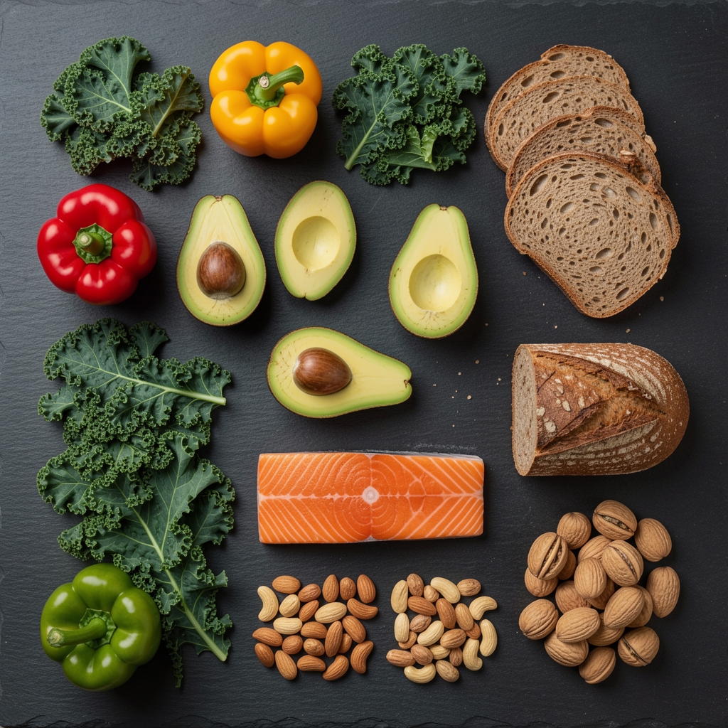 Wide flat-lay of diverse fresh food groups on a dark slate surface: colourful bell peppers, leafy kale, sliced avocado, whole grain bread, salmon fillet and assorted nuts arranged in a structured grid composition