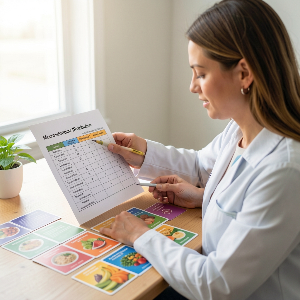 Nutritionist reviewing a printed macronutrient distribution chart at a bright wooden desk with colourful food group reference cards spread across the surface