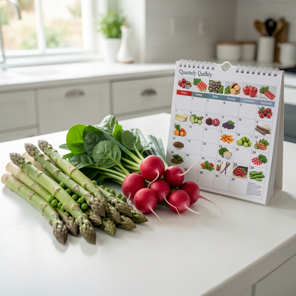 Seasonal produce laid out on a white kitchen surface: spring vegetables including asparagus, peas, spinach, radishes and spring onions with a printed quarterly food calendar beside them