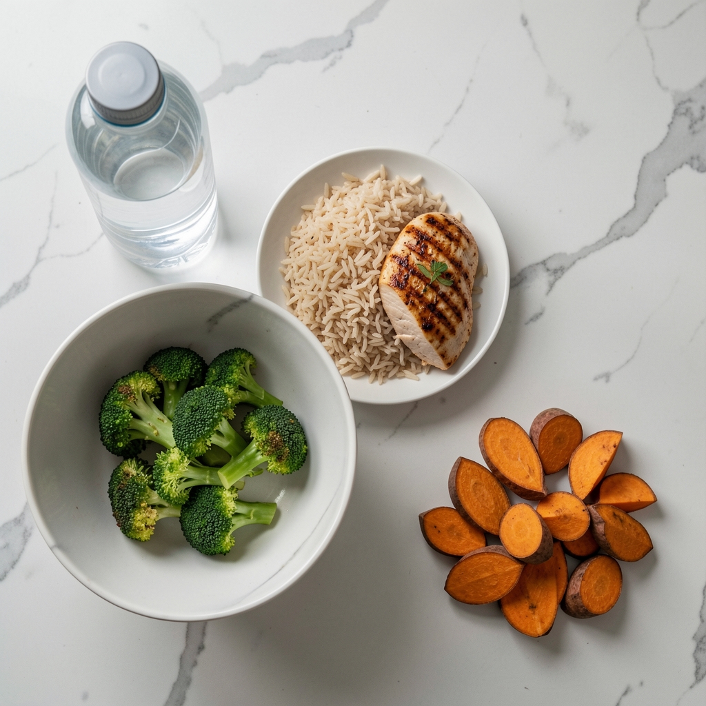 Overhead flat-lay of a sports nutrition meal preparation scene with grilled chicken breast, brown rice, steamed broccoli, sweet potato wedges and a glass water bottle on a clean kitchen counter