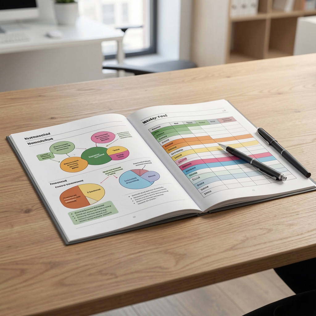 A nutrition consultation document spread on a wooden desk with annotated dietary charts, a weekly food log with colour-coded sections and a pen, in a clean professional office setting