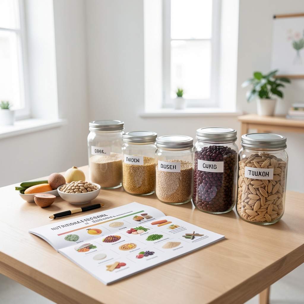 Nutritional education session in progress in a bright studio space, with a printed dietary guide open on a table alongside an assortment of whole foods, grains and legumes in labelled glass jars for reference