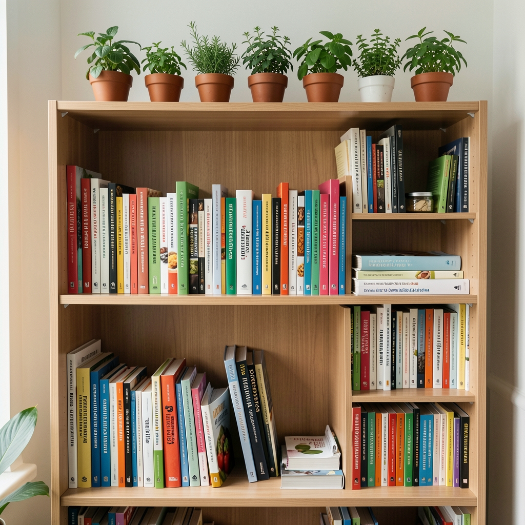 Bookshelf in a nutrition consultation office filled with dietary reference books and journals, with small potted herbs on the top shelf